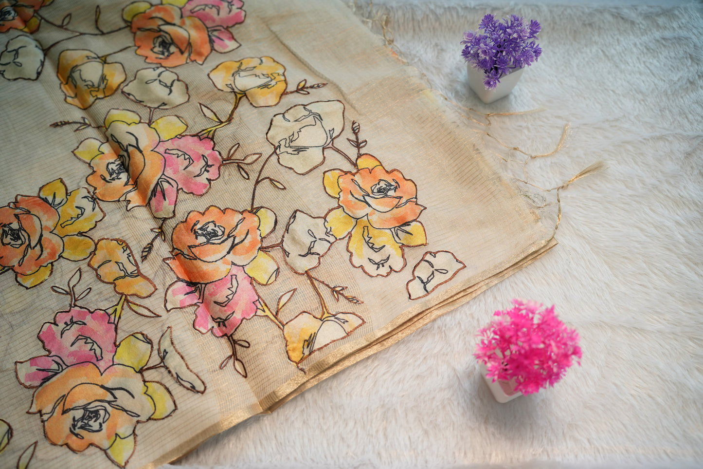 Onam Cream Hand Painted Saree | SSOS258
