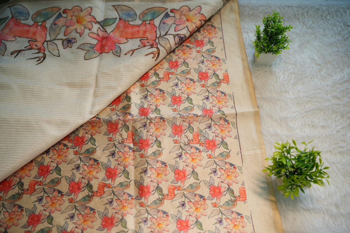 Onam Cream Hand Painted Saree | SSOS258