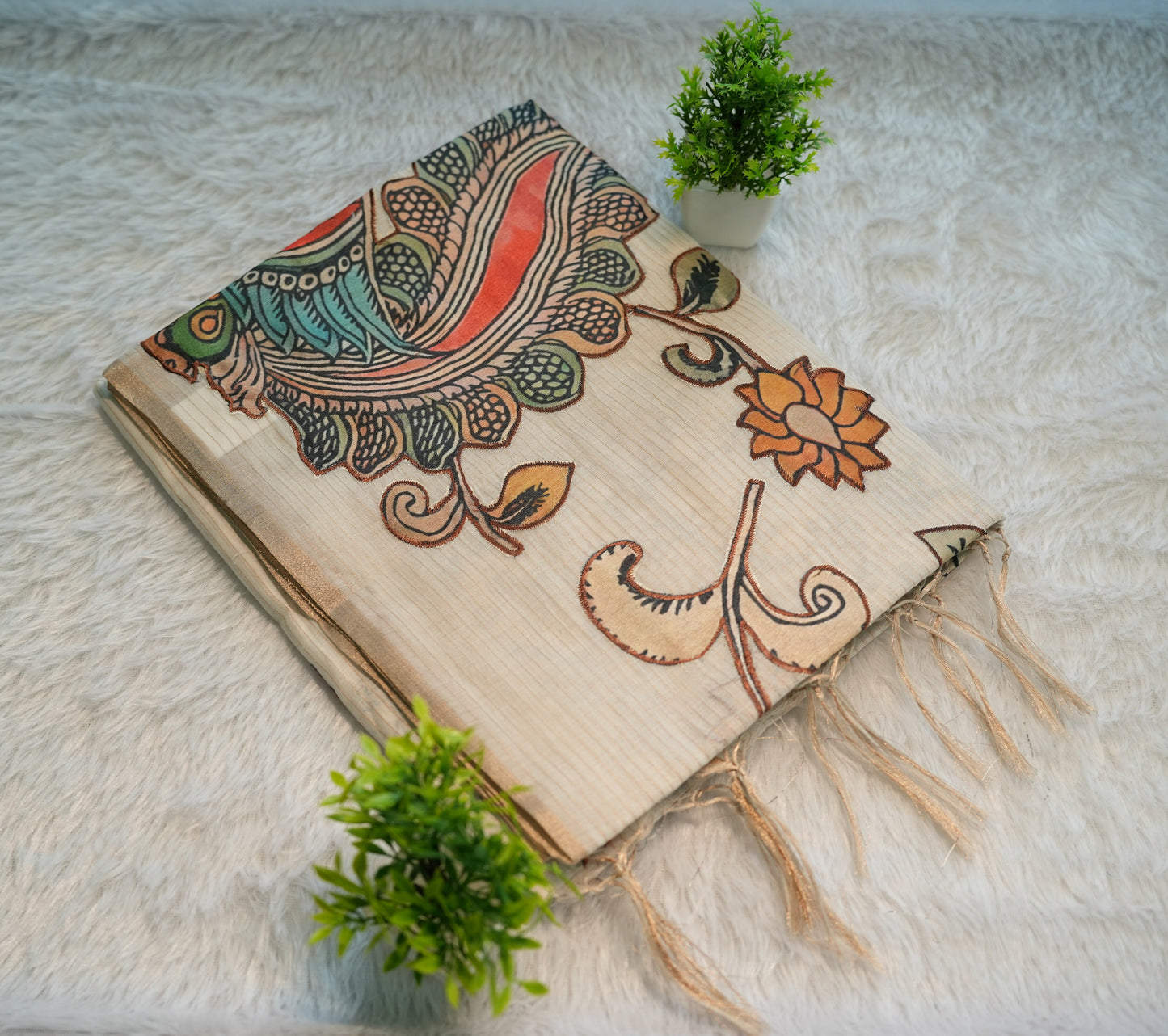 Onam Cream Hand Painted Saree | SSOS258
