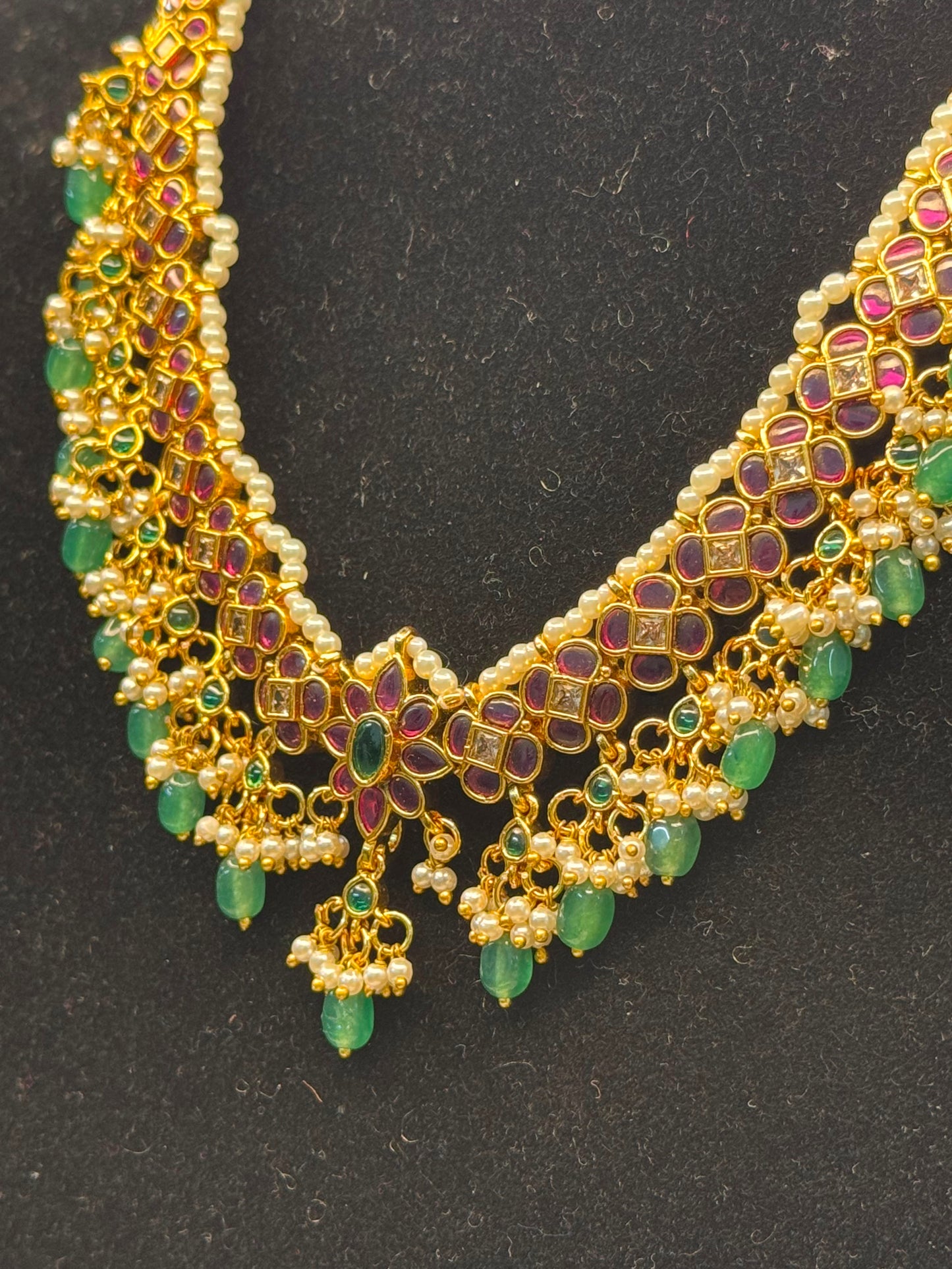 Kemp Stone Peacock Floral necklace Set - Green &Ruby With Pearl Drops B10 | SSKP59