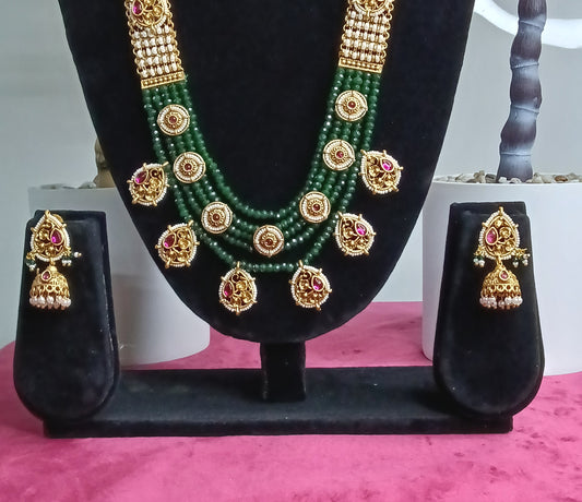Bridal Lakshmi Emerald Beads Temple Kundhan & Kemp Set | SSBL010