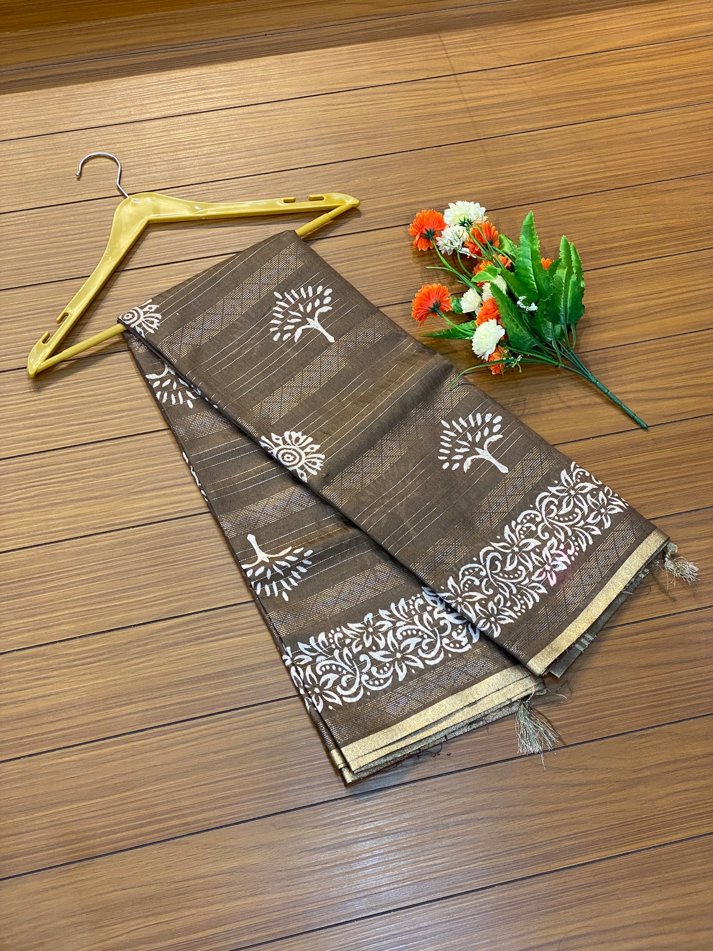 Tree Print Linen Cotton Saree with Silver Border Saree | SSTL368
