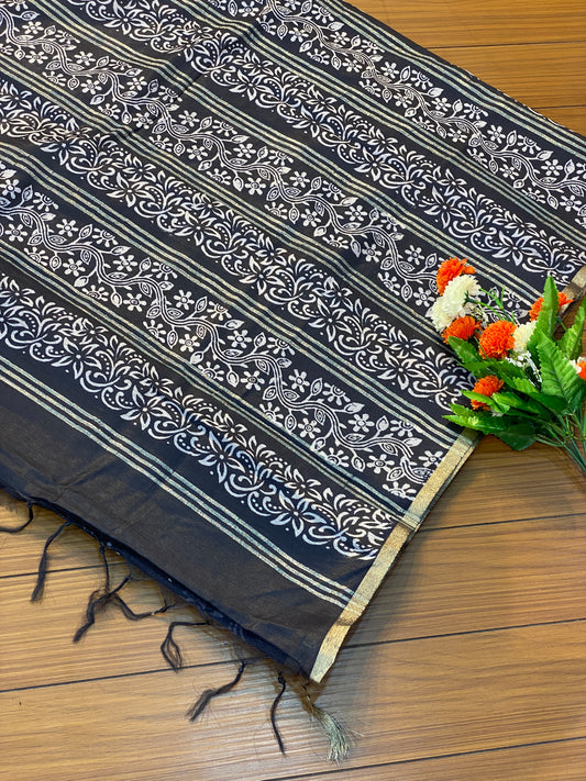 Tree Print Linen Cotton Saree with Silver Border Saree | SSTL368