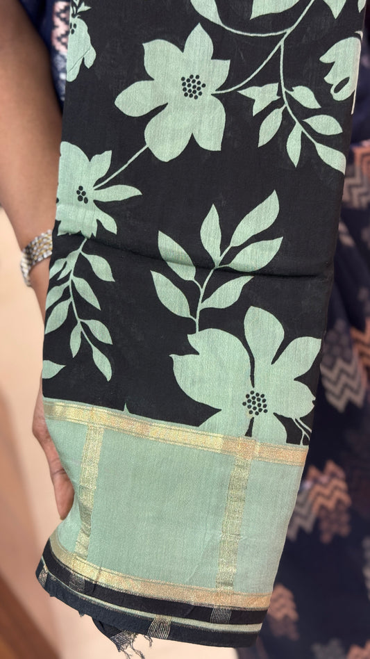Premium Semi Chanderi Black Saree | SSKC339