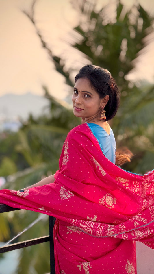 Ajrakh Style Elephant Print Saree | SSEP331