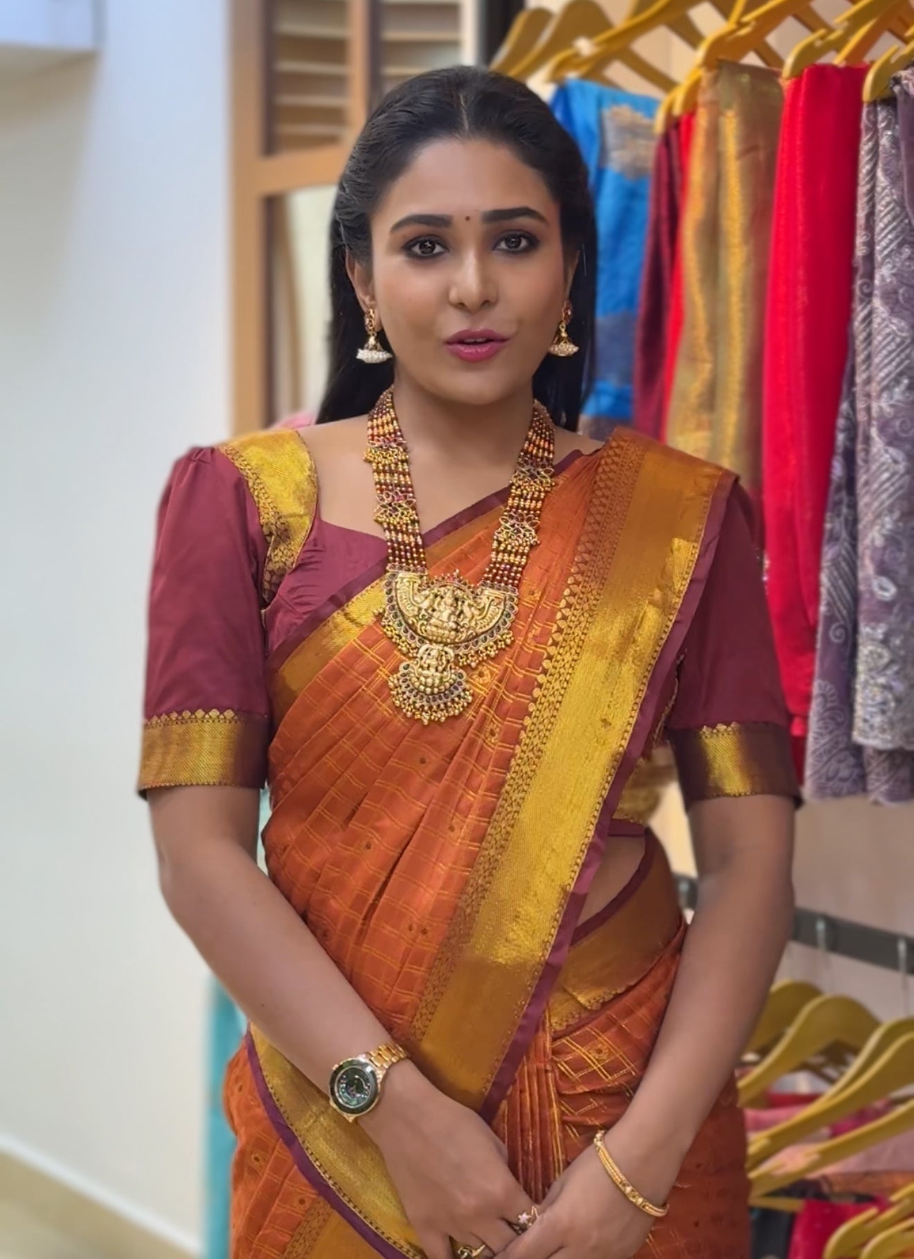 Rust Orange Gold Border Saree | SSOG313