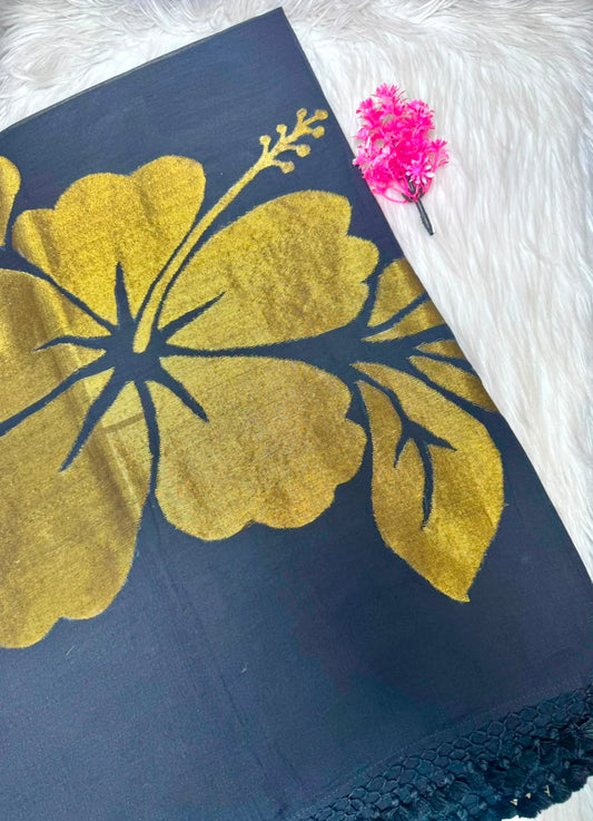 Elegant Black Hibiscus Flower Saree | SSBH402
