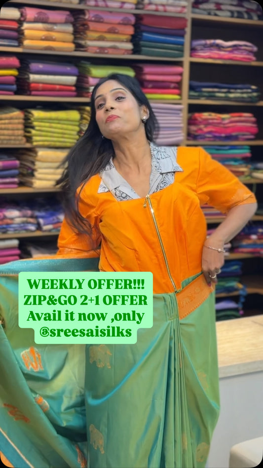🔥WEEKLY OFFER ALERT!🔥
Bring 2 Zip & Go Sarees & Get 1 FREE!🎉
Shop Online: www.sreesaisilks.in
Sho