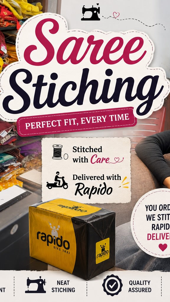 Not able to visit shop?
Send your sarees with rapido, dunzo, or swiggy parcel service.
Get your sare