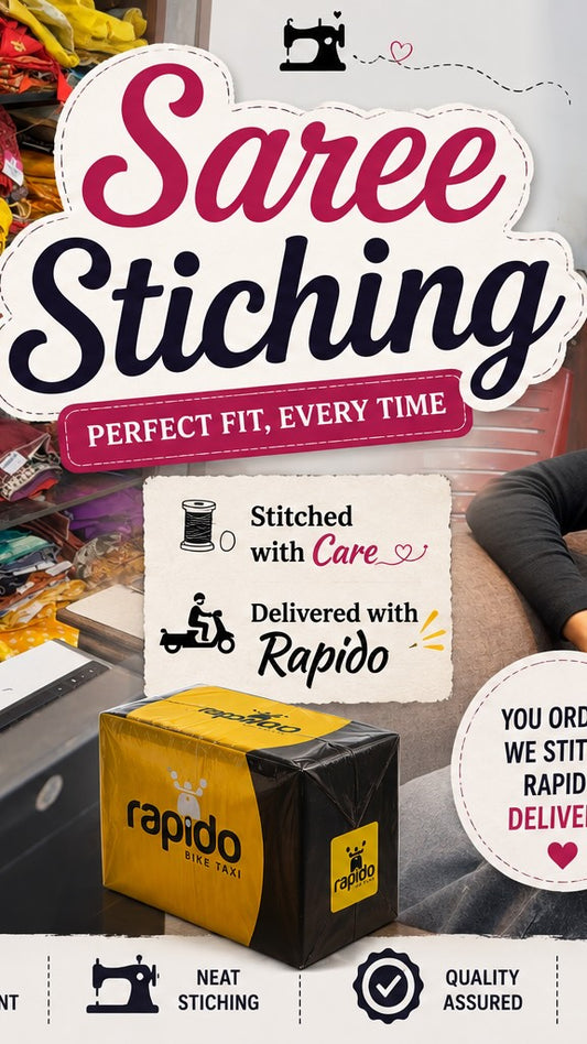 Not able to visit shop?
Send your sarees with rapido, dunzo, or swiggy parcel service.
Get your sare