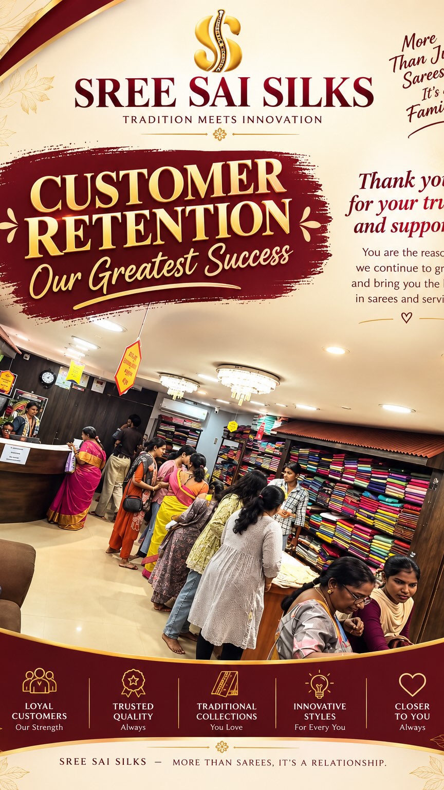 ❤️ CUSTOMER RETENTION – OUR GREATEST SUCCESS!

At Sree Sai Silks every customer is part of our famil