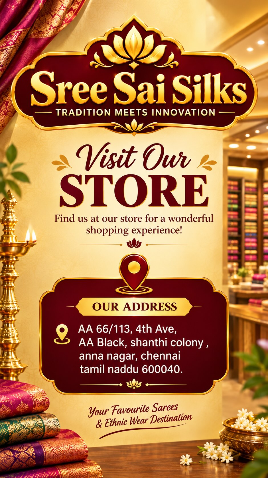 Sree Sai Silks (Anna Nagar)

Location link : https://share.google/yKTGZM3clJZ1QbmUr

Shop Location: