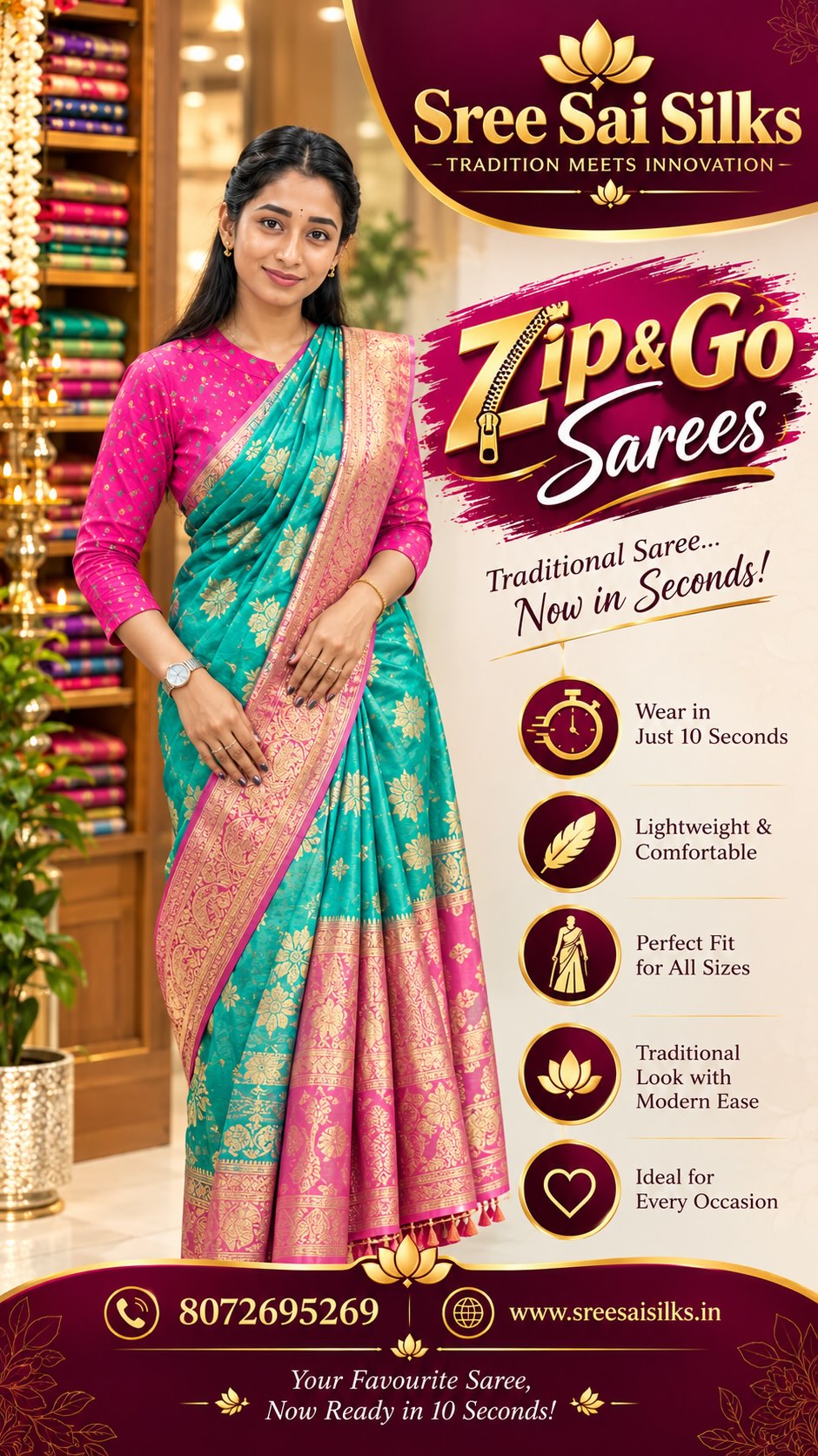 Zip & Go Saree’s 

Contact : 9080860570

Shop Location:

P Nanganallur
Sree Sai Silks
#20, 3rd Main