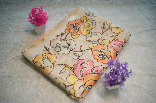 Onam Cream Hand Painted Saree | SSOS258