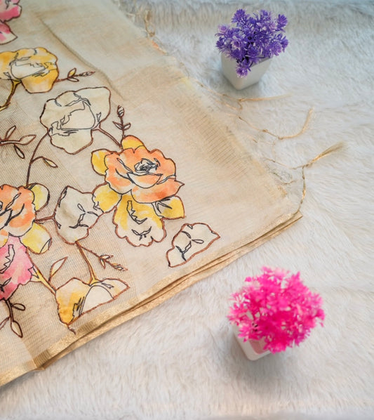 Onam Cream Hand Painted Saree | SSOS181