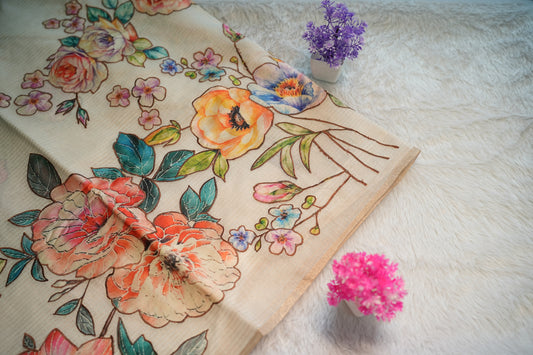 Onam Cream Hand Painted Saree | SSOS258