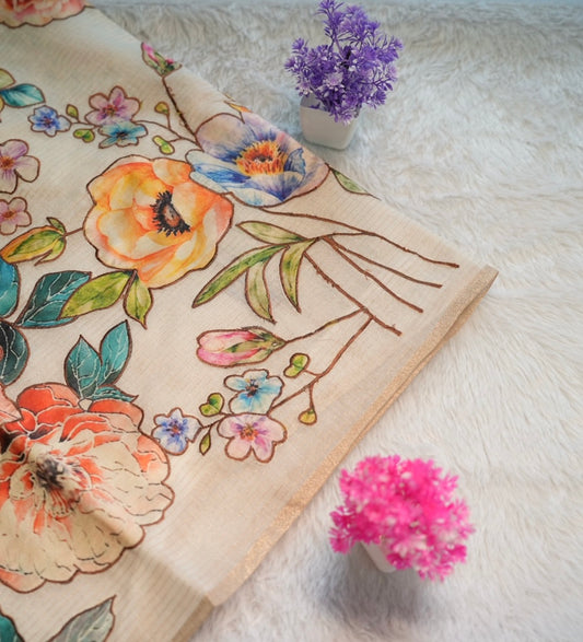 Onam Cream Hand Painted Saree | SSOS181