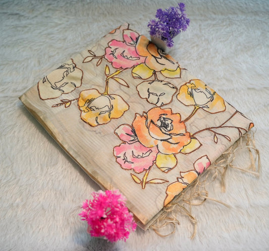 Onam Cream Hand Painted Saree | SSOS181