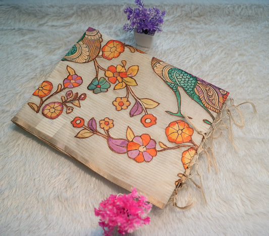 Onam Cream Hand Painted Saree | SSOS258