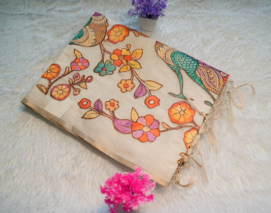 Onam Cream Hand Painted Saree | SSOS181