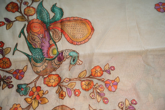 Onam Cream Hand Painted Saree | SSOS181