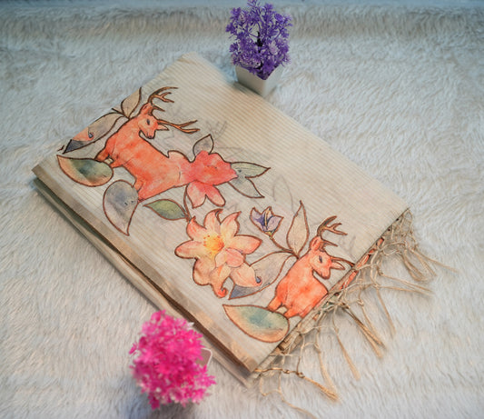 Onam Cream Hand Painted Saree | SSOS258