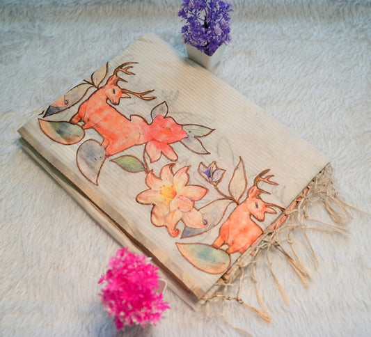 Onam Cream Hand Painted Saree | SSOS181