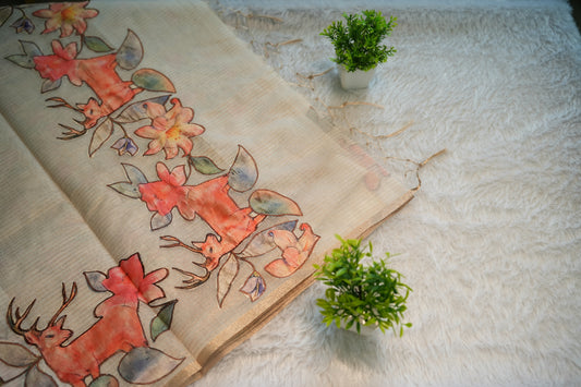 Onam Cream Hand Painted Saree | SSOS258
