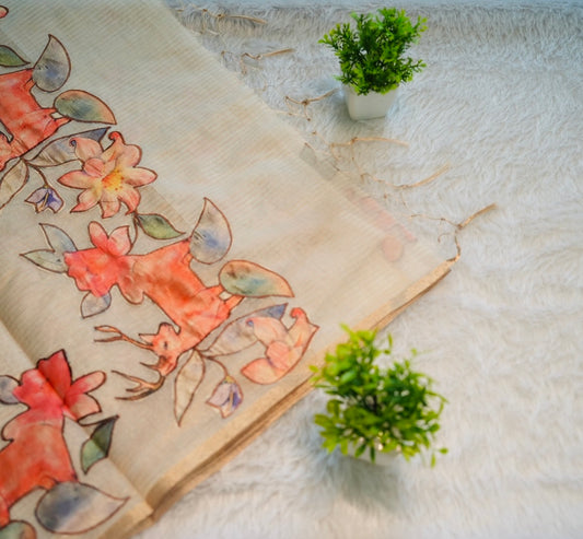 Onam Cream Hand Painted Saree | SSOS181