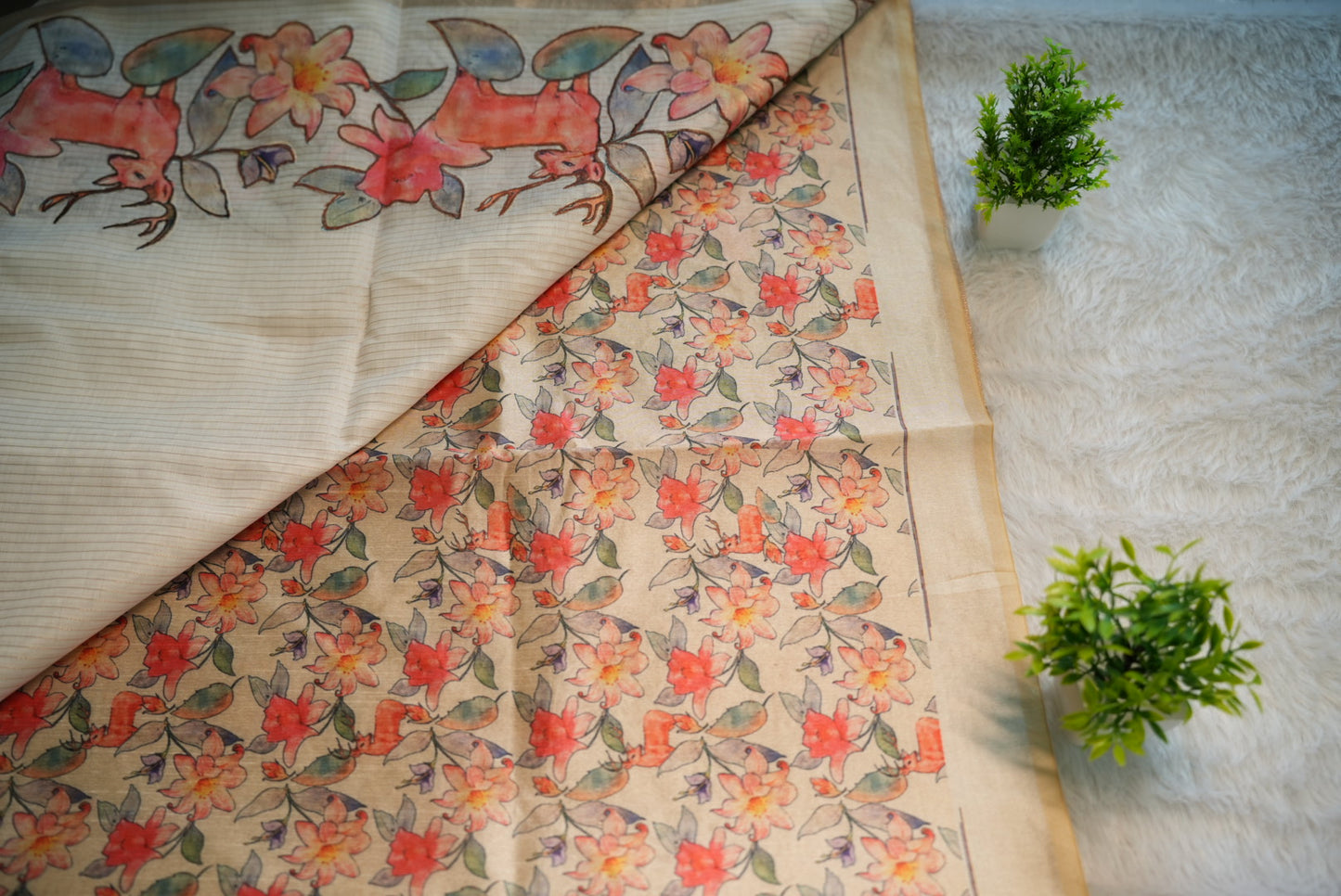 Onam Cream Hand Painted Saree | SSOS181