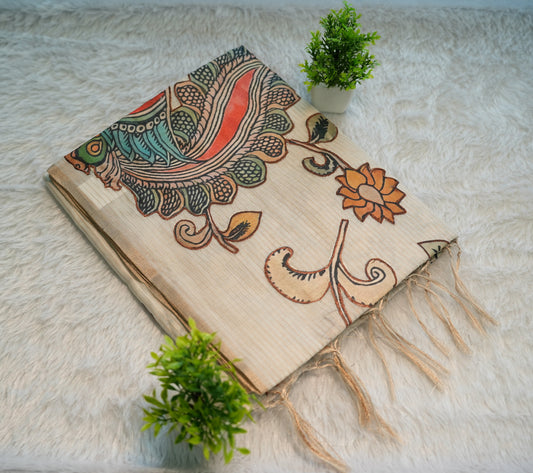 Onam Cream Hand Painted Saree | SSOS258