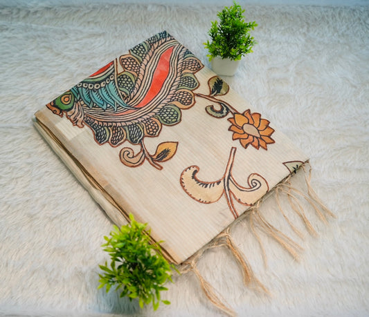 Onam Cream Hand Painted Saree | SSOS181