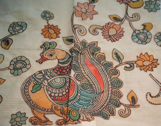 Onam Cream Hand Painted Saree | SSOS181