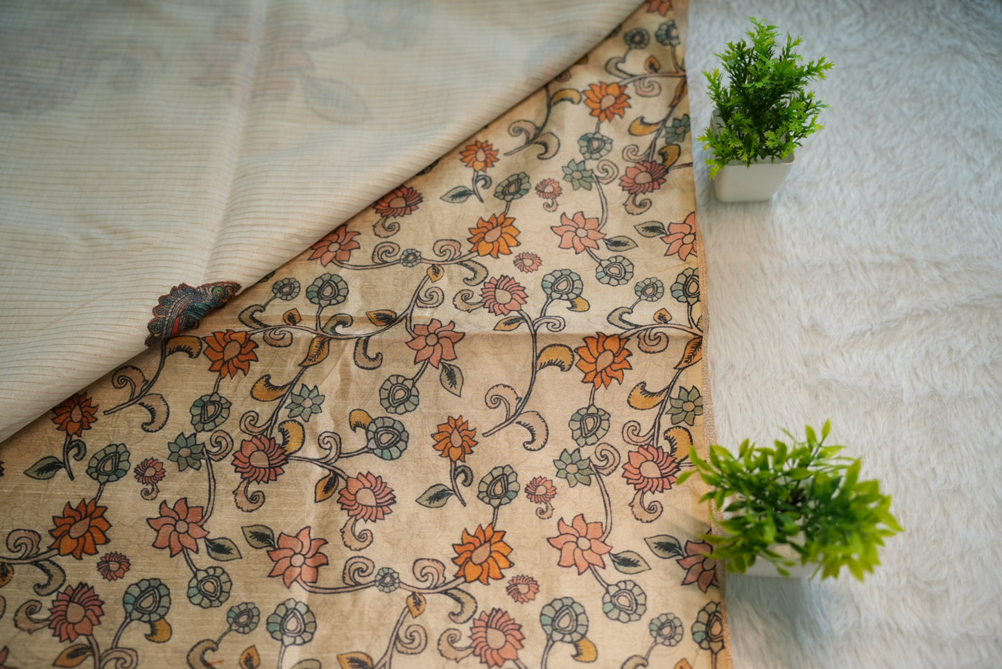 Onam Cream Hand Painted Saree | SSOS181