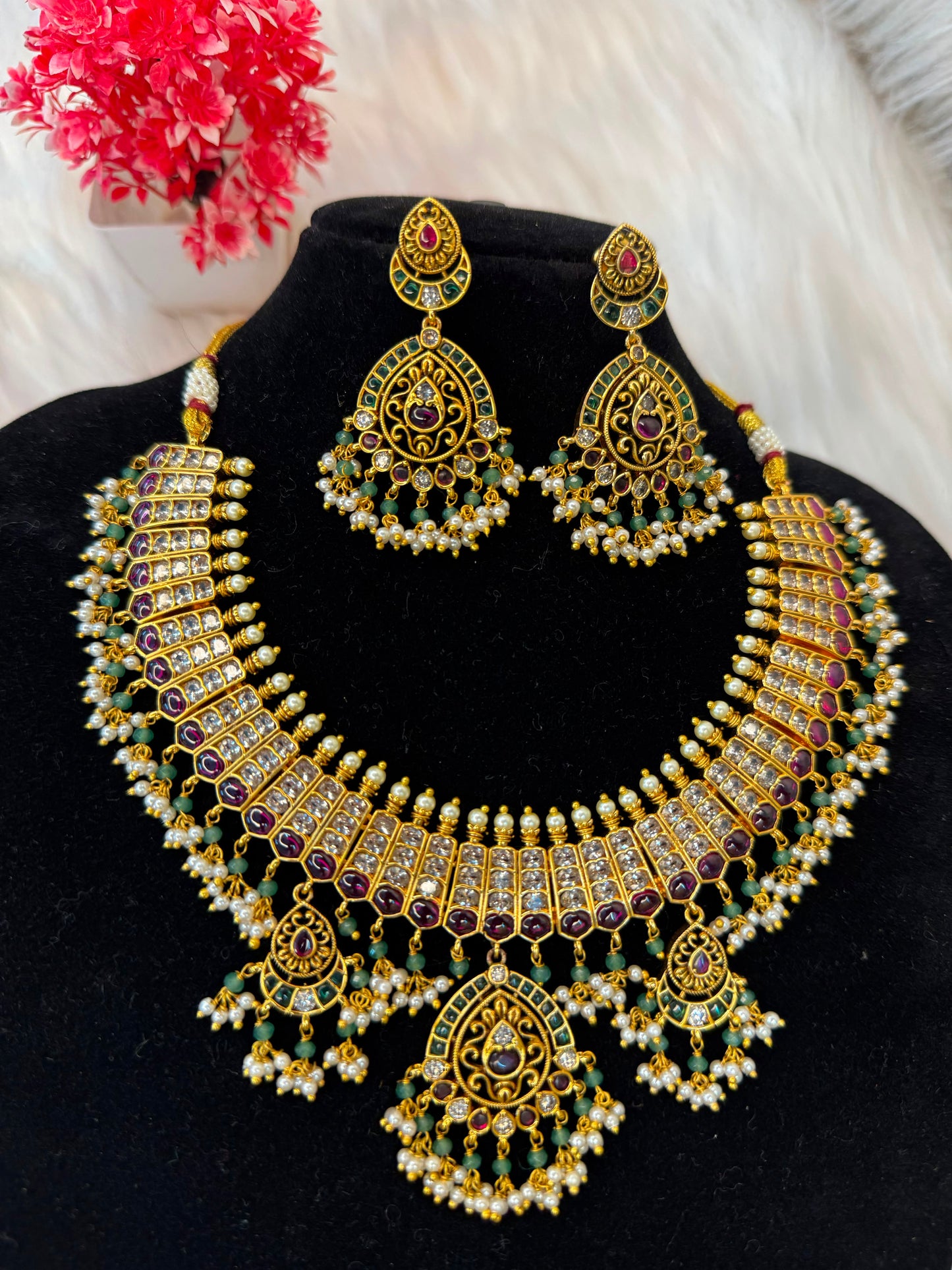 Antique Ruby & Emerald Ad Bridal Necklace Set B10 | SSAR046