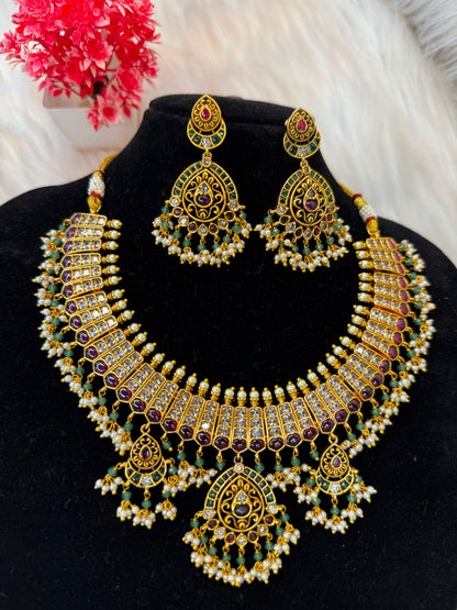 Antique Ruby & Emerald Ad Bridal Necklace Set B10 | SSAR046