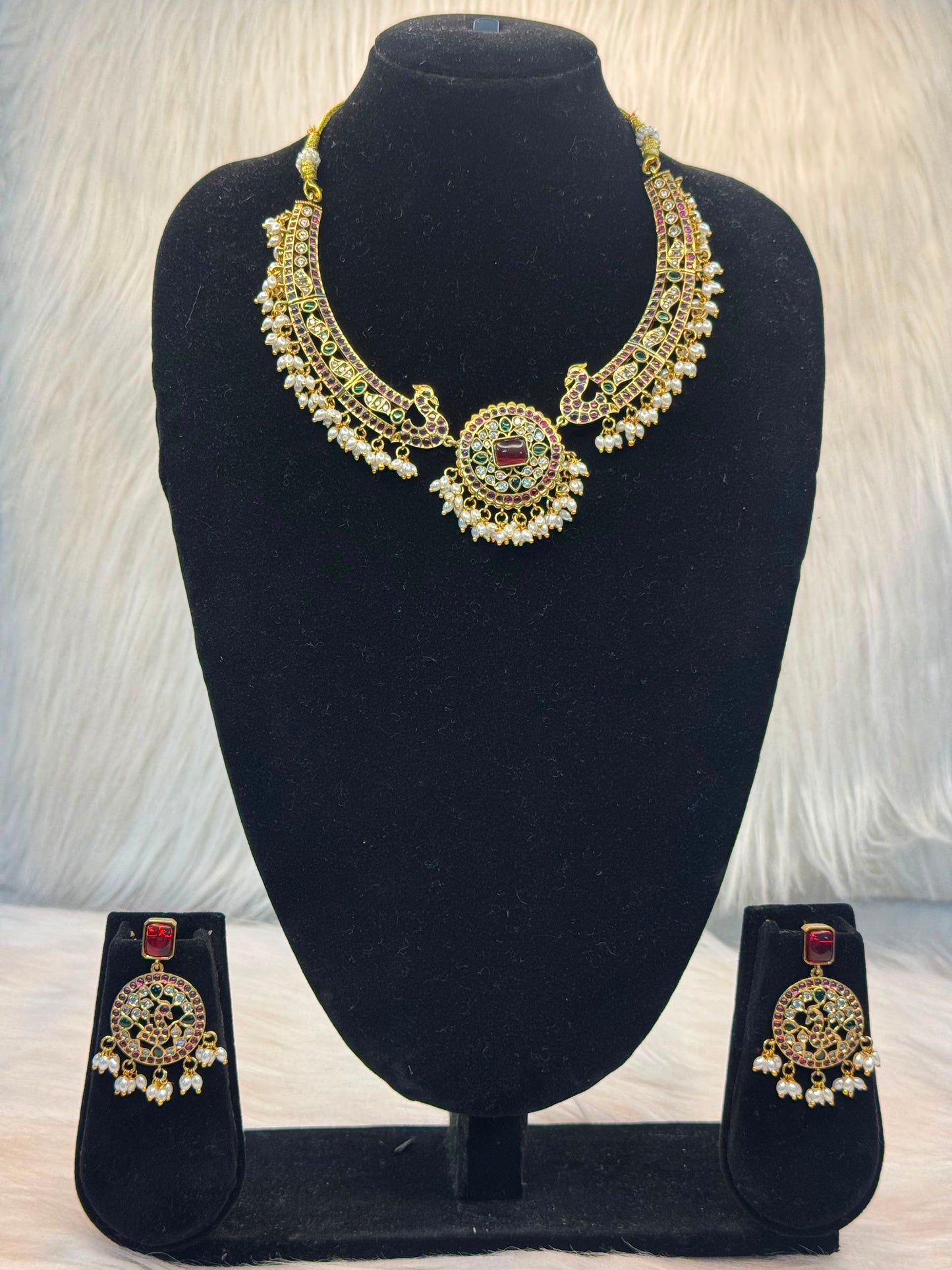 Emerald Kundan Necklace Set With Pearl Drops B10 | SSEK048
