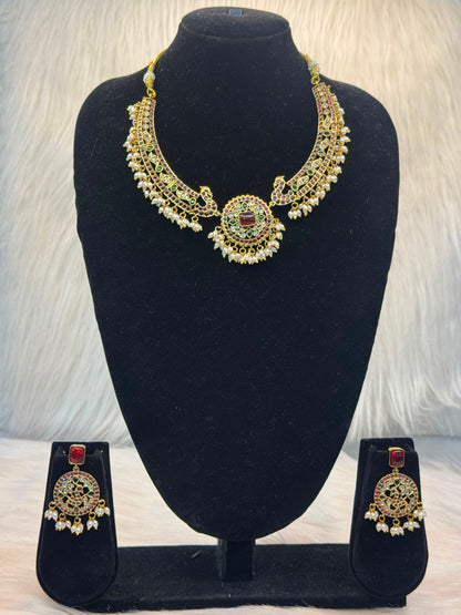Emerald Kundan Necklace Set With Pearl Drops B10 | SSEK048