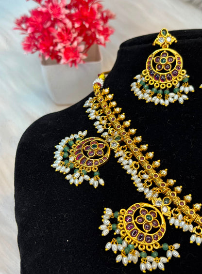 Premium Kemp Stone Necklace Set With Green Beads & Pearl Drops B10 | SSEPK050