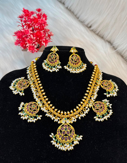 Premium Kemp Stone Necklace Set With Green Beads & Pearl Drops B10 | SSEPK050