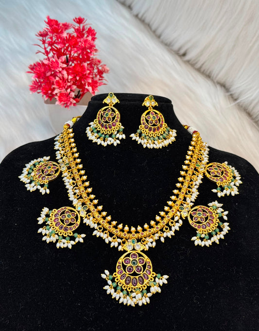 Premium Kemp Stone Necklace Set With Green Beads & Pearl Drops B10 | SSEPK050