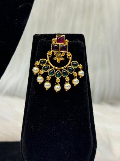 Ruby & Green Stone Kemp Necklace Set With Pearl Drops B10 | SSRG57
