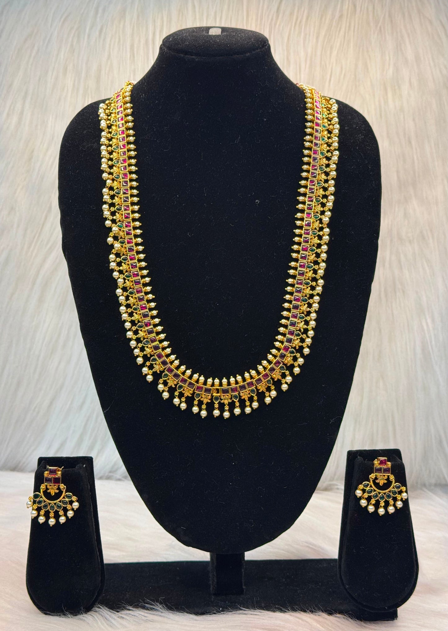 Ruby & Green Stone Kemp Necklace Set With Pearl Drops B10 | SSRG57