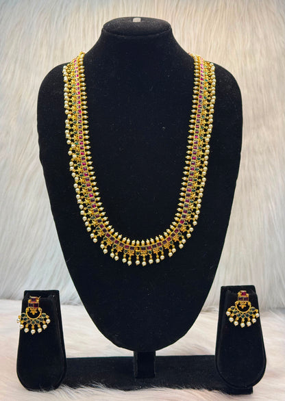 Ruby & Green Stone Kemp Necklace Set With Pearl Drops B10 | SSRG57