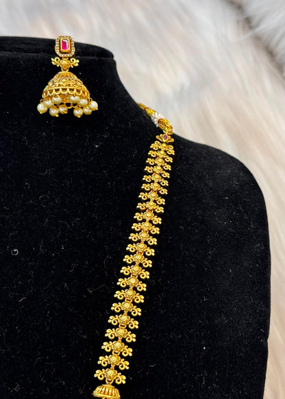 Antique Gold Finish Floral Haram With Ruby & Pearl Pendant B10 | SSRG58
