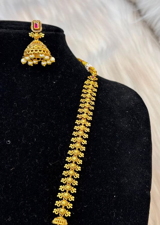 Antique Gold Finish Floral Haram With Ruby & Pearl Pendant B10 | SSRG58