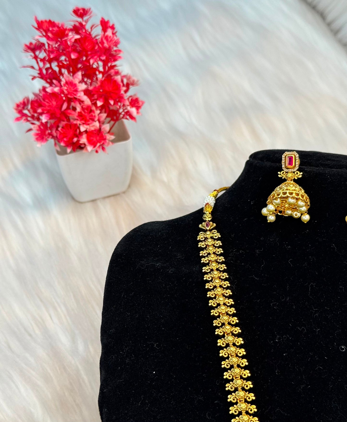 Antique Gold Finish Floral Haram With Ruby & Pearl Pendant B10 | SSRG58