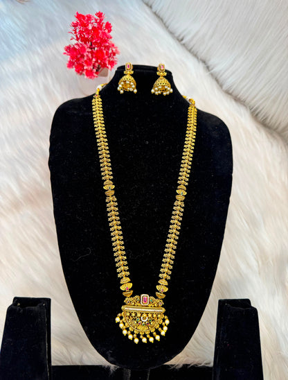 Antique Gold Finish Floral Haram With Ruby & Pearl Pendant B10 | SSRG58