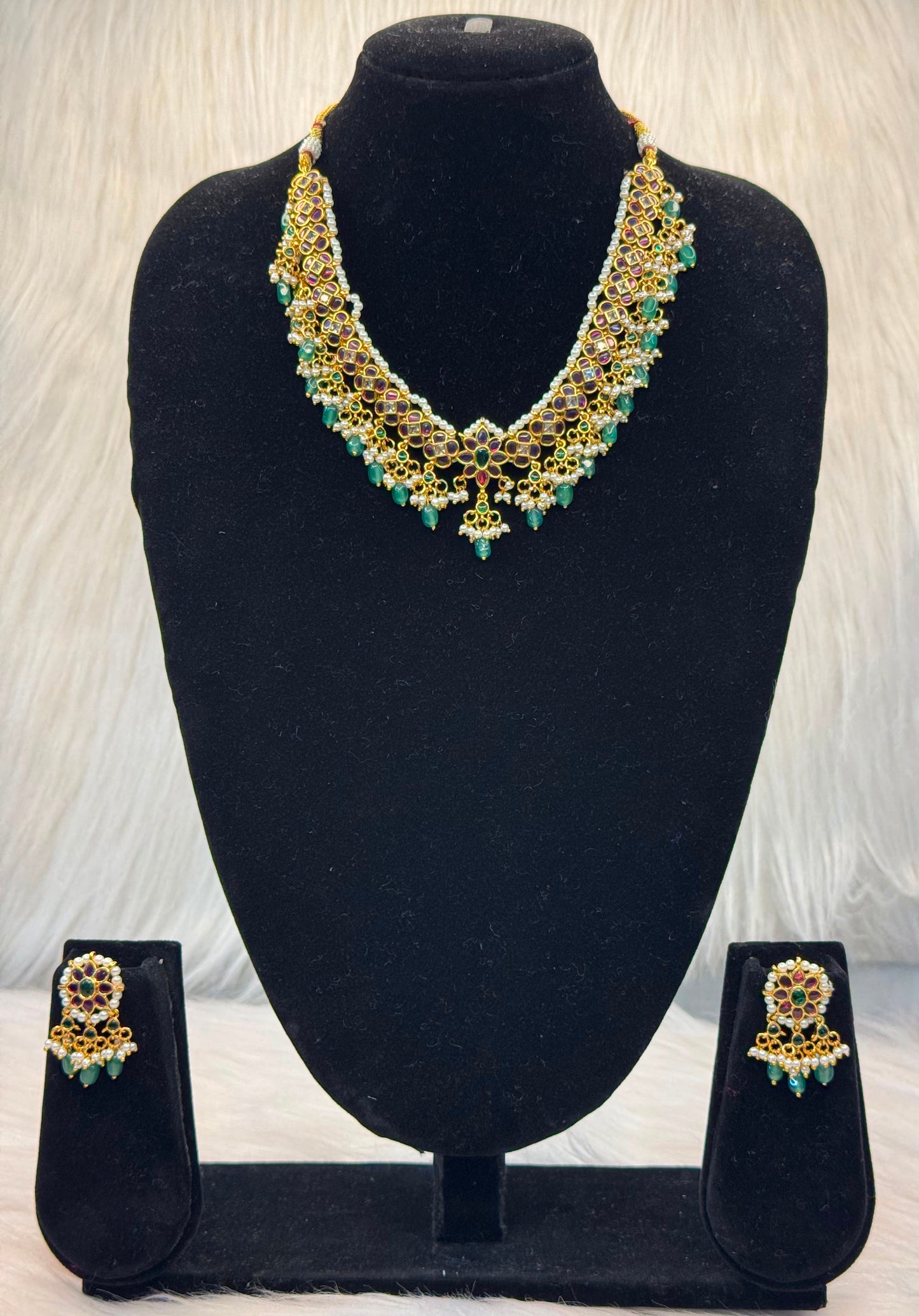 Kemp Stone Peacock Floral necklace Set - Green &Ruby With Pearl Drops B10 | SSKP59