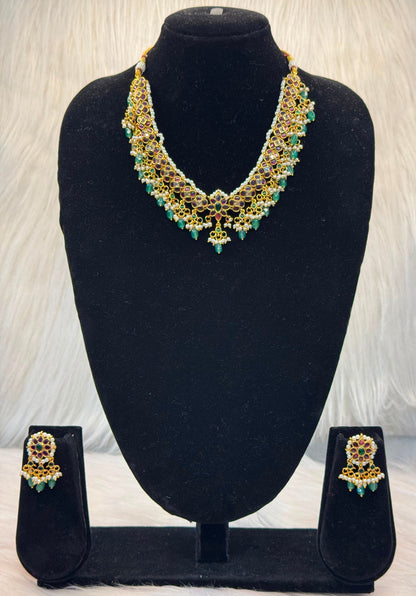 Kemp Stone Peacock Floral necklace Set - Green &Ruby With Pearl Drops B10 | SSKP59